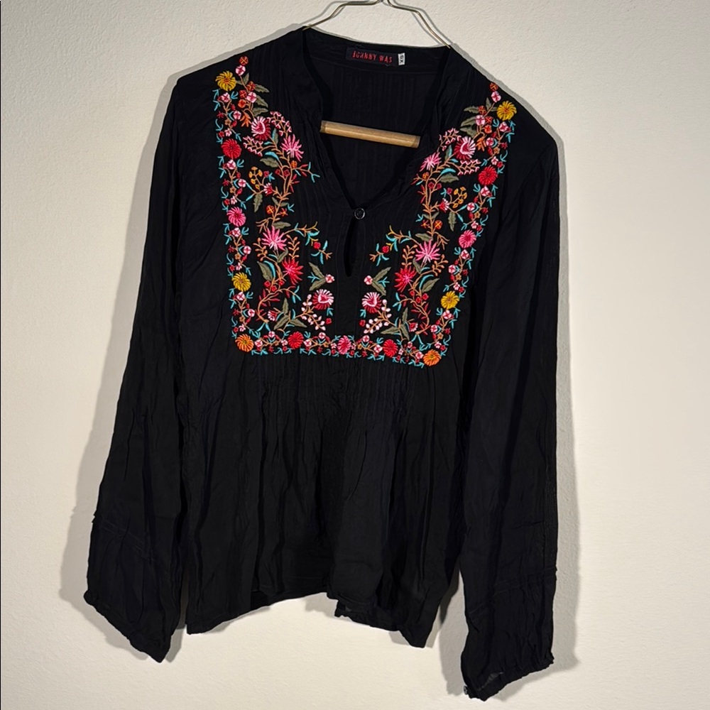 Johnny Was Black Embellished Long Sleeve Blouse